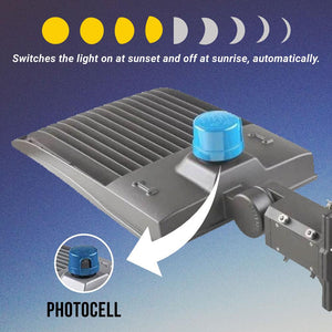 300W LED Pole Light With Photocell, 5700K, Universal Mount, Gray, AC100-277V, LED Shoebox Area Light - Parking Lot Lighting