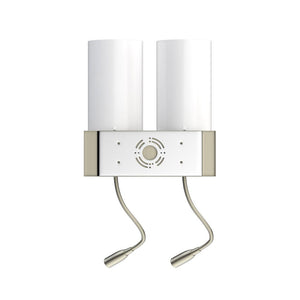 2-Light Modern Bedside Wall Sconce Light with Two LED Reading Swing Arm Wall Lights, 1 USB + 2 Switch + 2 Outlet, Brushed Nickel Finish, White Acrylic Shades