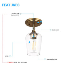 Load image into Gallery viewer, Brass Gold Semi-Flush Mount Light with Bell Shape Clear Glass Shade, E26 Base, Damp Location, Ceiling Mounting, UL Listed