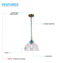 Load image into Gallery viewer, Dome Shape Brass Gold Pendant Light with Clear Glass Shade, E26 Base, UL Listed for Damp Location
