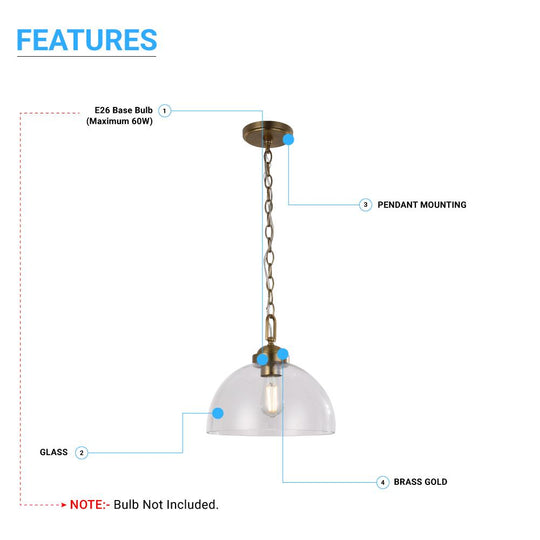 Dome Shape Brass Gold Pendant Light with Clear Glass Shade, E26 Base, UL Listed for Damp Location