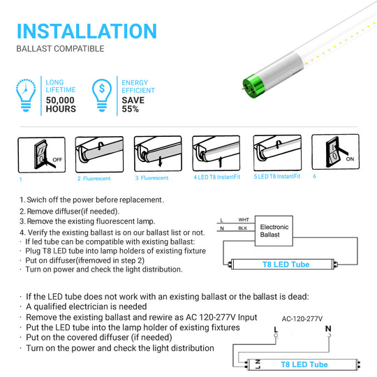 T8 4ft 18W LED Tube Glass 5000K Clear Plug N Play (Check Compatibility List; Not Compatible with all ballasts)