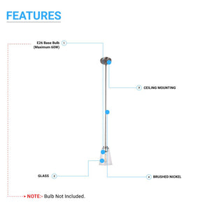 1-Light Flared Shape Pendant Lighting Fixture with Clear Glass Shade, E26 Base, UL Listed for Damp Location