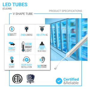 T8 4ft LED Freezer/Cooler Tube Light V Shape 18w 5000k Clear - Walk-in Cooler Light