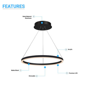 LED Ring Chandelier, 1-Ring, 38W, 3000K, 1512LM, Dimmable, Diameter 23.6''×71''