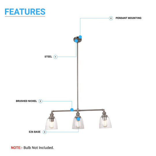 3-Lights Bell Shape Kitchen Island Pendant Lighting, Clear Glass Shade, E26 Base, UL Listed