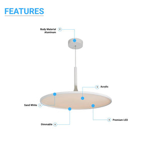 Round Plate Pendant Light, 41W, 3000K, 2225LM, Diameter 17.3" x 55"H, Dimmable, Pendant Mounting