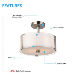 Drum Shape Semi Flush Mount Ceiling Light, Brushed Nickel Finish and Frosted Glass Shade, E26 Base, UL Listed - Damp Location