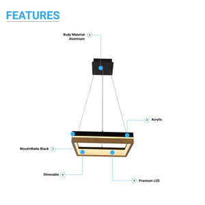 Square Metal and Wood Chandelier Light, 35W, 3000K (Warm White), 836 Lumens, Dimmable, Matte Black + Wood Body Finish