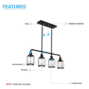 4-Lights Linear Pendant Light with Clear Glass Shades, Matte Black Finish, UL Listed for Damp Location, E26 Base