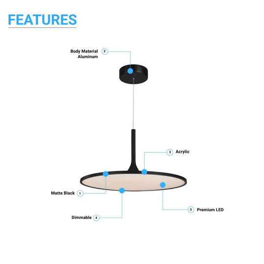 Round Plate Pendant Light, 41W, 3000K, 2225LM, Diameter 17.3" x 55"H, Dimmable, Pendant Mounting