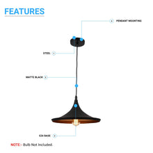 Load image into Gallery viewer, Matte Black Pendant Light Fixture, Trumpet-Shaped, E26 Base, Steel Body, UL Listed