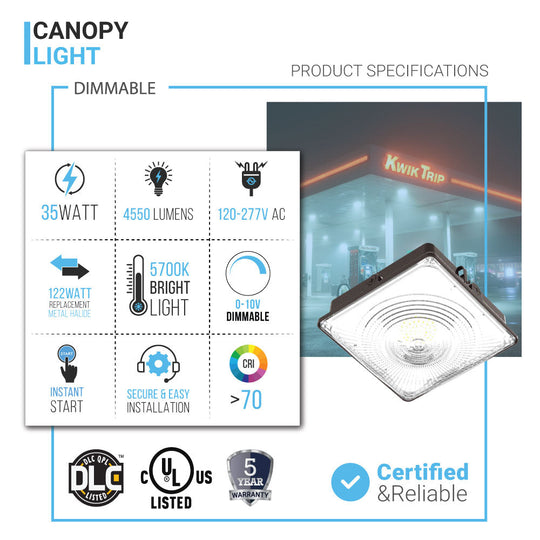 LED Canopy Light 35W 5000K Daylight 4550LM IP65 Waterproof 0-10V Dim 120-277VAC UL Listed Surface or Pendant Mount, for Gas Stations Outdoor Area Light, Black