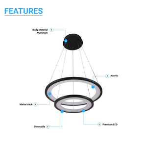 2-Ring LED Chandelier, 61W, 3000K-6500K, 2241LM, Dimmable, Matte black Body Finish, Diameter 34.9''×0.4''×71''