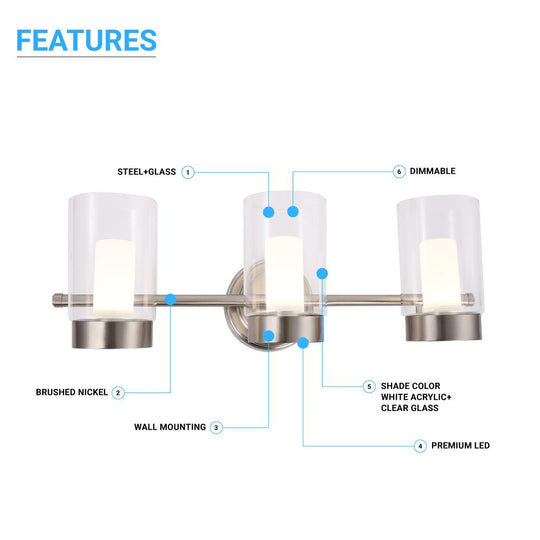 LED Vanity Lighting Fixture, Clear Glass Outer and White Acrylic Inner Shade, 4000K, Dimmable, Brushed Nickel Wall Mounting Light