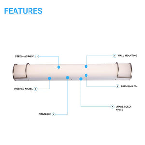 Half Cylinder LED Vanity Light Fixture, CCT Changeable (3000K/4000K/ 5000K) , White Acrylic Shade, CRI >80