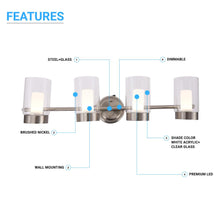 Load image into Gallery viewer, LED Vanity Lighting Fixture, Clear Glass Outer and White Acrylic Inner Shade, 4000K, Dimmable, Brushed Nickel Wall Mounting Light