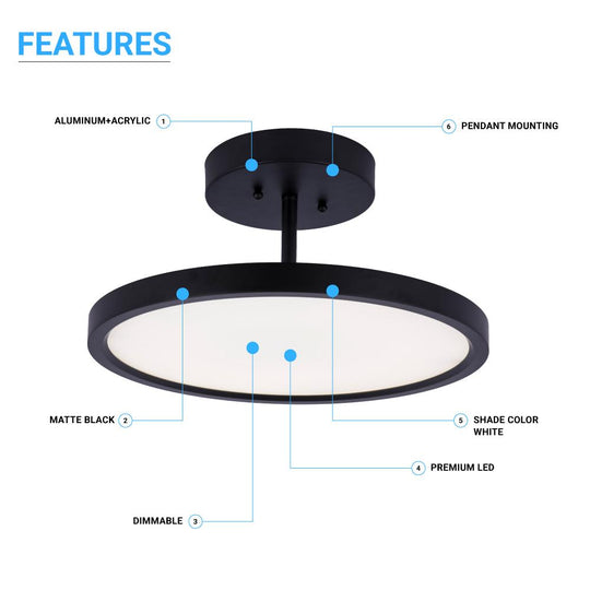 28W Round Shape LED Semi Flush Mount Ceiling Lights, Matte Black Finish with White Acrylic Shade, 1950LM, Dimmable