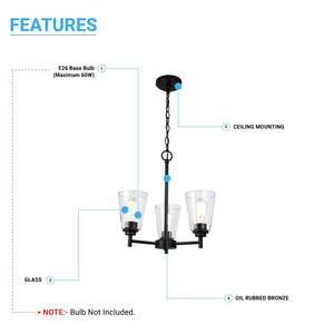 Flared Shape Chandelier Lighting Fixture with Clear Glass Shades, E26 Base, UL Listed for Damp Location, 3 Years Warranty