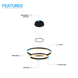 2-Ring, Modern LED Chandelier, 78W, 120V, 3000K, 3985LM, Dimmable