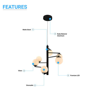 6-Lights, Chandelier, 47W, 3000K, Matte Black Body Finish, Dimmable