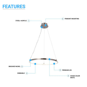 30W Round LED Pendant Light, Brushed Nickel Finish, Dimmable, 3000K (Warm White), 2900 Lumens, ETL Listed