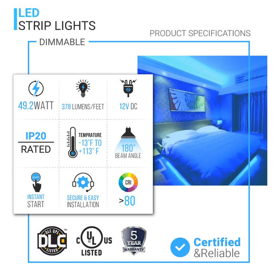 Tunable White Flexible LED Strip Light for Bedroom/Kitchen/Home Decoration - High-CRI >90 - 12V - IP20 - 378 Lumens/ft