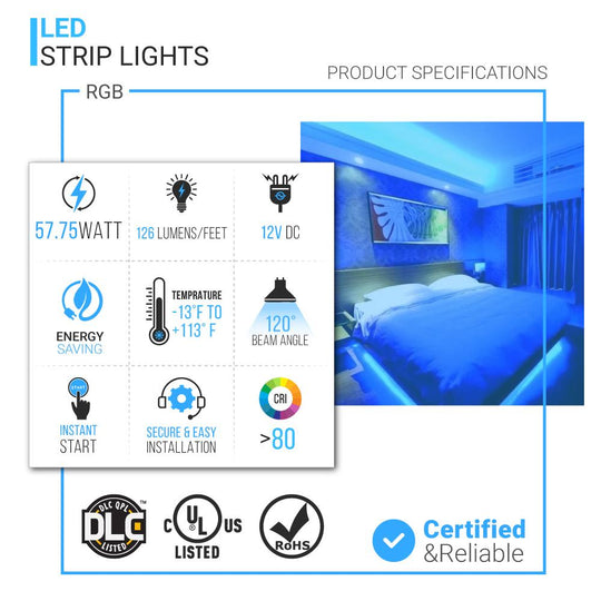 RGB LED Strip Lights (Remote Control Included) - 12V w/ DC Connector - 126 Lumens/ft. with Power Supply & Controller (KIT)