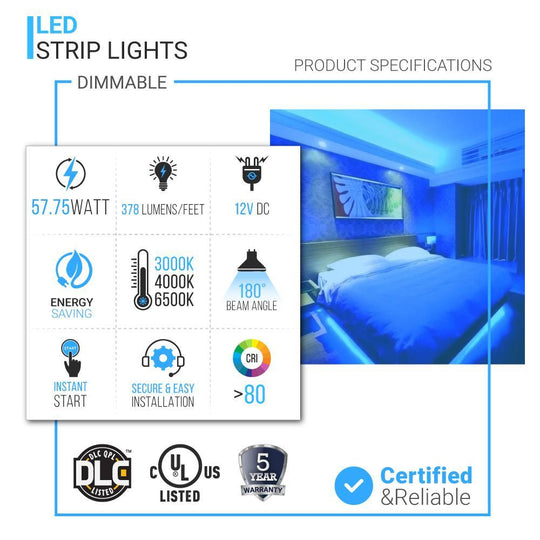 Waterproof LED Strip Lights SMD 5050 - 12V - 378 Lumens/ft. - 3000K (Soft White)/4000K (Cool White)/6500K (Crystal White)
