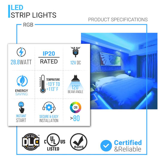 RGB LED Light Strips - 12V LED Tape Light w/ DC Connector - 63 Lumens/ft.