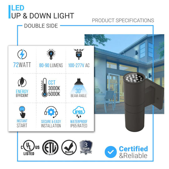 LED Up & Down Light Cylinder, 2x36W, AC100- 277V, Double Side (Red, Green, Blue)