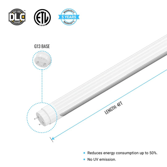 T8 4ft LED Tube 18W 4000K Frosted 2520 Lumens Single Ended Power