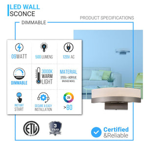 9W Dimmable LED Wall Sconce Light, 3000K (Warm White), Brushed Nickel Finish, 500 Lumens, ETL Listed