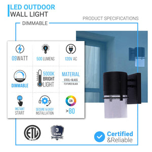 9W Dimmable LED Outdoor Wall Sconce Light, Textured Black Finish, 5000K (Daylight White), 500 Lumens, ETL Listed