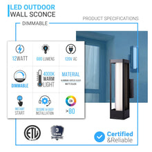Load image into Gallery viewer, LED Outdoor Wall Sconce, Matte Black Finish, 12W, ETL Listed - Wet Location, Dimmable