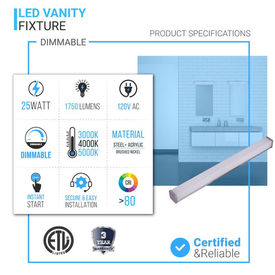 LED Vanity Light Bar Fixture, Rectangle Shape, CCT Changeable (3000K/4000K/ 5000K), LED Wall Mounting Vanity Light