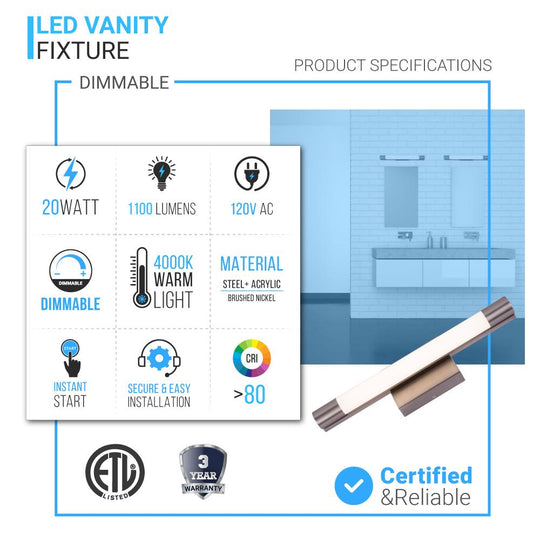 Cylinder Shape Integrated LED Bath Bar Light, 4000K (Cool White), Dimmable, ETL Listed, LED Vanity Light