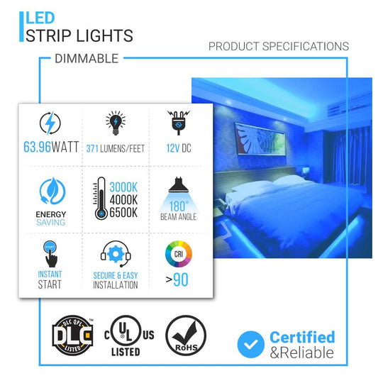 White LED Strip Lights 3000K/4000K/ 6500K - IP20 (Indoor) - SMD 2835 - High-CRI - 371 lm/ft