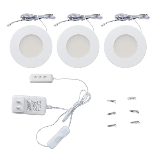 Magnetic LED Puck Light, CRI90, 3-Piece Kit With 12V Adaptor & Touch Dimmer, 2.2W Each, 450 Lumens, White Trim (Changeable Trim-Sold Separately)