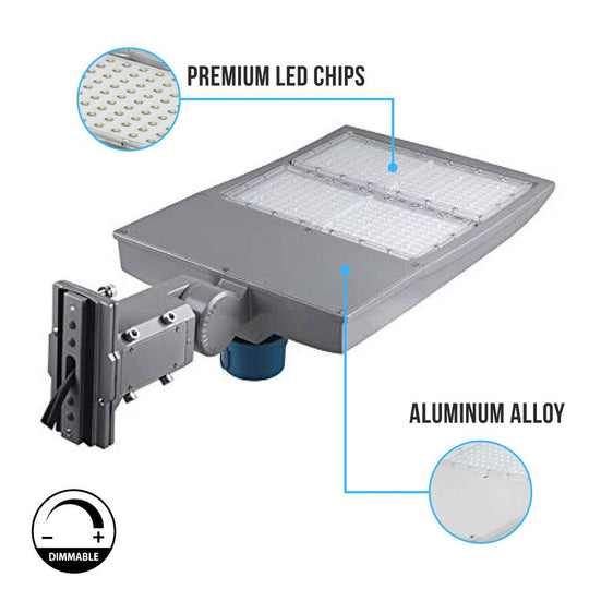 LED Pole Light with Dusk to Dawn Photocell, 300W/240W/200W Wattage Adjustable, 5700K, 133 LM/W, Universal Mount (Adjustable Slip Fitter + Wall Mount), Silver, IP65 Waterproof, AC100-277V, LED Parking Lot Lights - Outdoor Commercial Area Street Lighting,