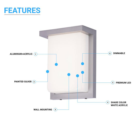 12W Rectangle Shape LED Outdoor Wall Sconce, Painted Silver Finish, White Acrylic Shade, ETL Listed