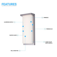 Load image into Gallery viewer, 20W Modern LED Outdoor Wall Sconce Light 5000K 600LM White Acrylic Shade, 120-277V Non-Dimmable, ETL Listed, Wet Location, Painted Silver Finish