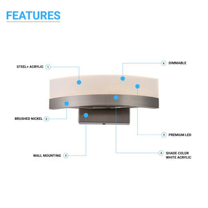 9W Dimmable LED Wall Sconce Light, 3000K (Warm White), Brushed Nickel Finish, 500 Lumens, ETL Listed