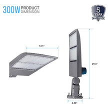 Load image into Gallery viewer, LED Pole Light with Dusk to Dawn Photocell, 300W/240W/200W Wattage Adjustable, 5700K, 133 LM/W, Universal Mount (Adjustable Slip Fitter + Wall Mount), Silver, IP65 Waterproof, AC100-277V, LED Parking Lot Lights - Outdoor Commercial Area Street Lighting,