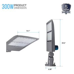 LED Pole Light with Dusk to Dawn Photocell, 300W/240W/200W Wattage Adjustable, 5700K, 133 LM/W, Universal Mount (Adjustable Slip Fitter + Wall Mount), Silver, IP65 Waterproof, AC100-277V, LED Parking Lot Lights - Outdoor Commercial Area Street Lighting,