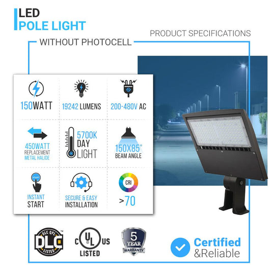 150W LED Pole Light - 5700K - YM Bronze - AC100-277V, Commercial Grade LED Parking Lot Lights
