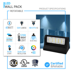 Outdoor Rotatable LED Wall Pack Light 40W 5700K 5400 Lumens, UL, DLC Listed, Bronze Finish, Waterproof Wall Light