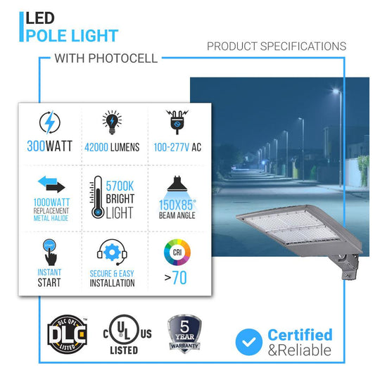 LED Pole Light with Dusk to Dawn Photocell, 300W/240W/200W Wattage Adjustable, 5700K, 133 LM/W, Universal Mount (Adjustable Slip Fitter + Wall Mount), Silver, IP65 Waterproof, AC100-277V, LED Parking Lot Lights - Outdoor Commercial Area Street Lighting,