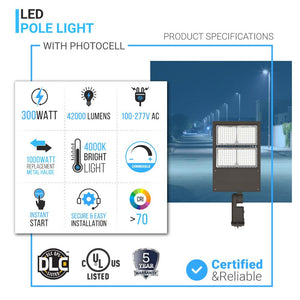 LED Parking Lot Lights With Photocell, 300W, 4000K, Universal Mount, Bronze, AC100-277V, LED Shoebox Area Light