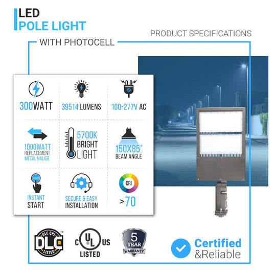 300W LED Pole Light With Photocell, 5700K, Universal Mount, Gray, AC100-277V, LED Shoebox Area Light - Parking Lot Lighting